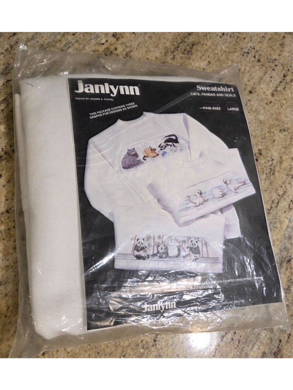 Janlynn Counted Cross Stitch Kit Sweatshirt size L CATS kittens, Pandas & Seals